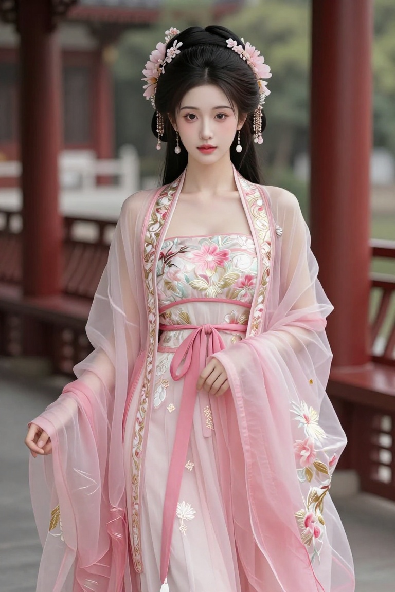 Create an image that depicts a person dressed in traditional hanfu attire,  standing in an outdoor setting. The individual...