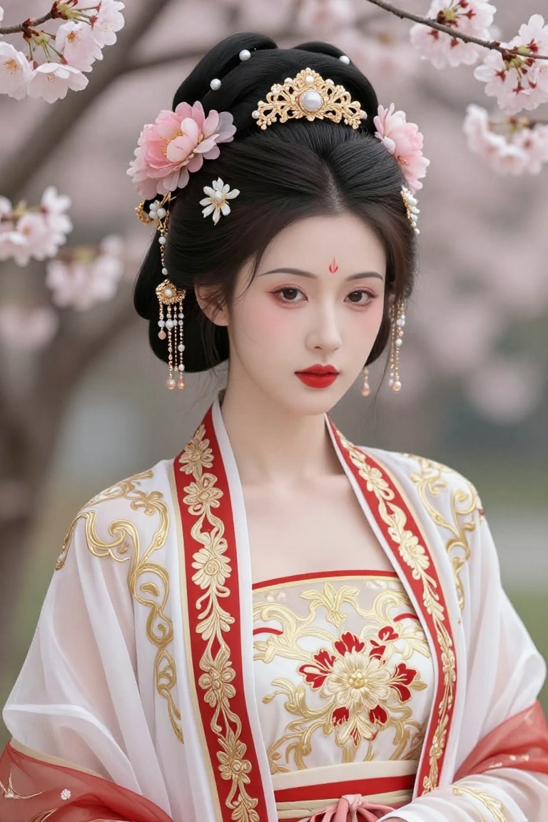 The image depicts a woman dressed in traditional East Asian attire,  specifically a white and red robe with intricate gold...