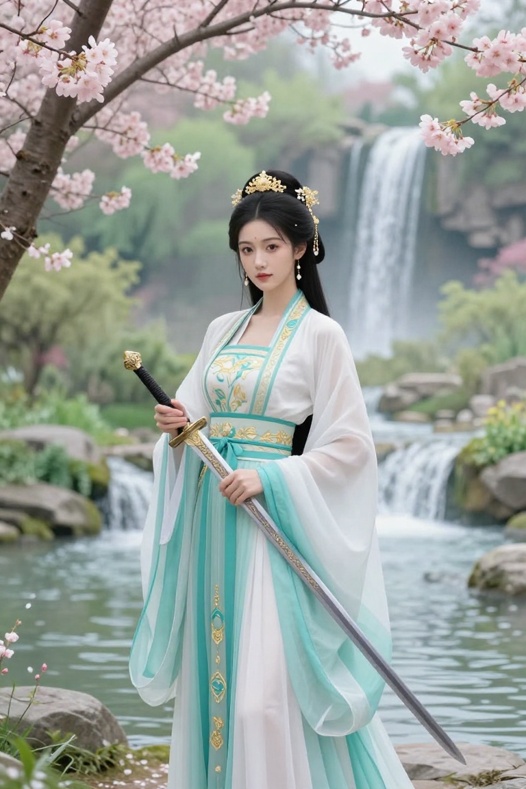 Create an image that depicts a serene and beautifully illustrated scene. In the foreground,  a woman stands gracefully,  d...