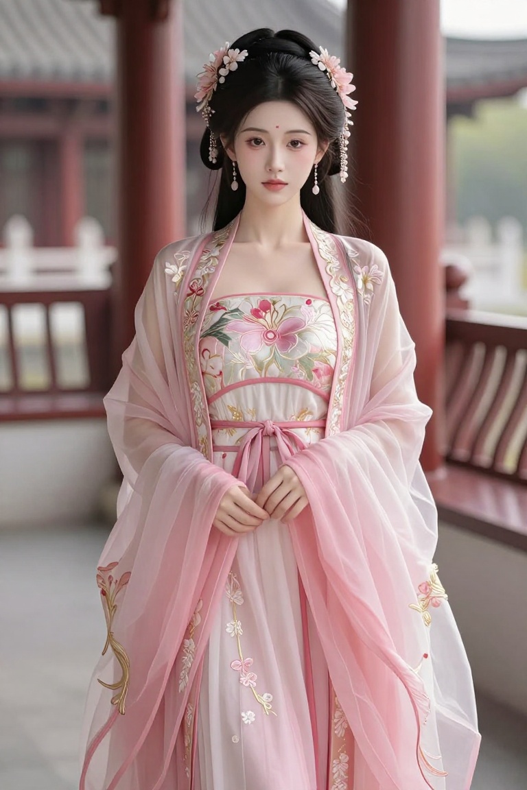 Create an image that depicts a person dressed in traditional hanfu attire,  standing in an outdoor setting. The individual...