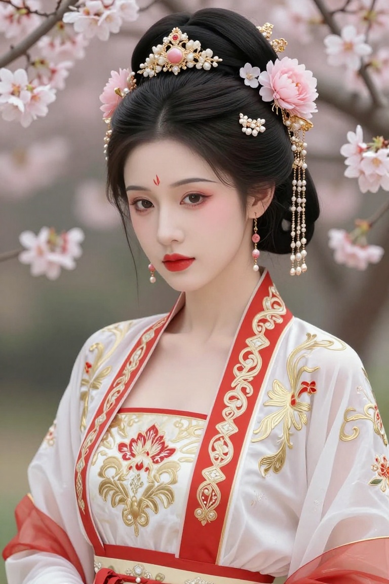 The image depicts a woman dressed in traditional East Asian attire,  specifically a white and red robe with intricate gold...