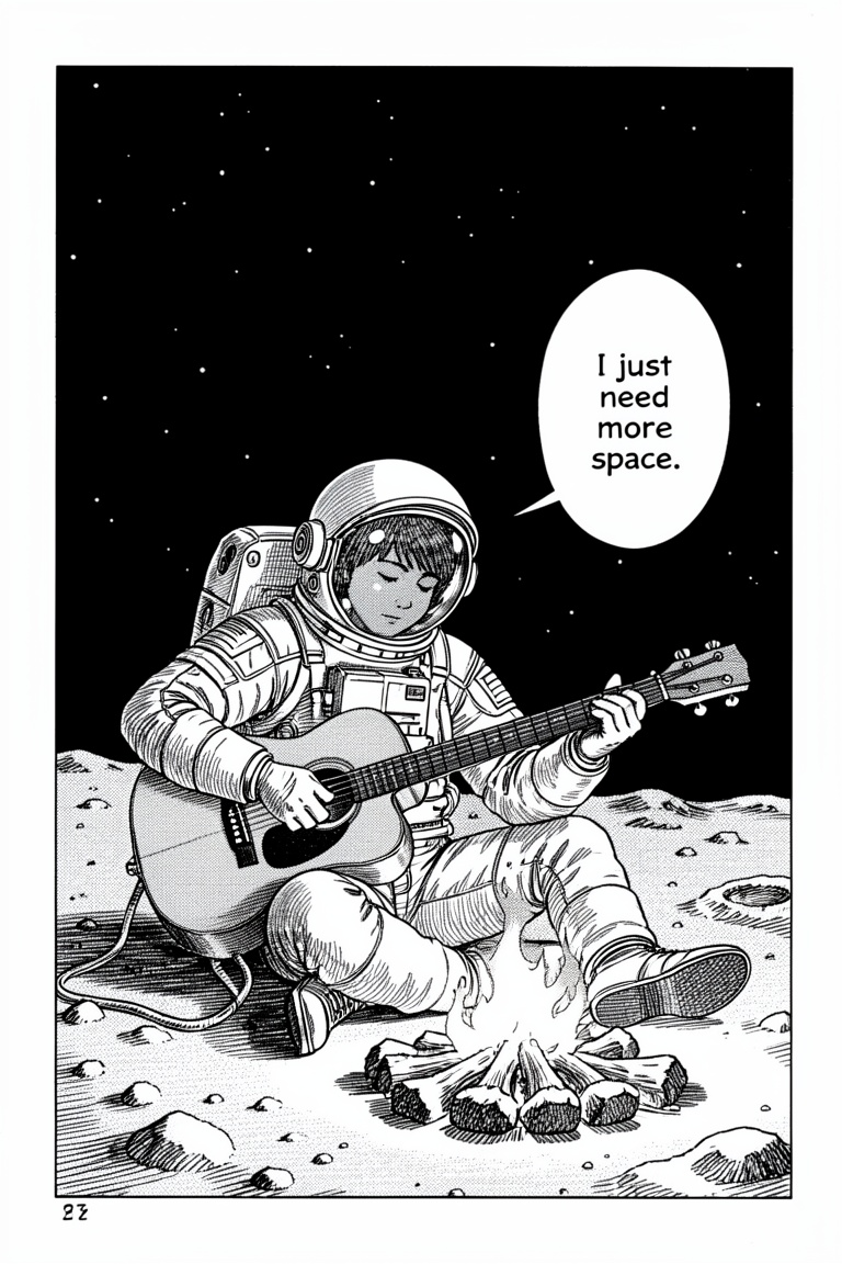 manga style image of a cosmonaut sitting on the moon playing guitar neer a campfire. There is the dark infinite space in b...