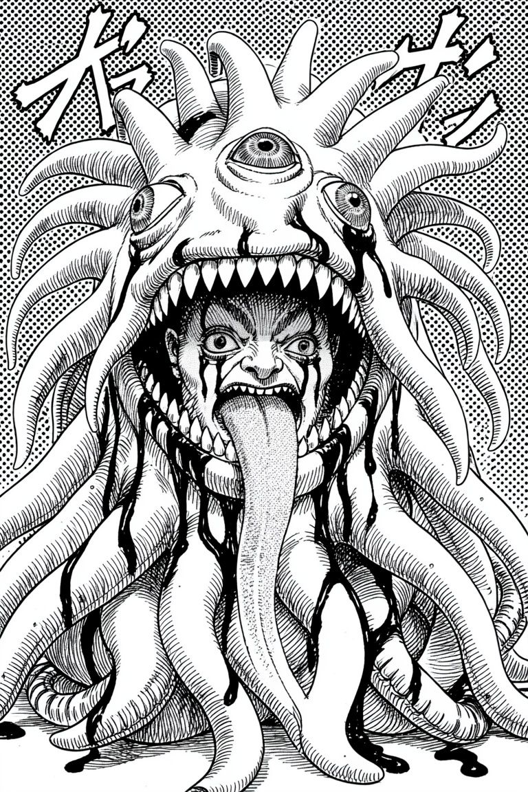 A manga style image of a monstrous creature with a layered anatomy,  featuring a large outer head with three eyes and nume...