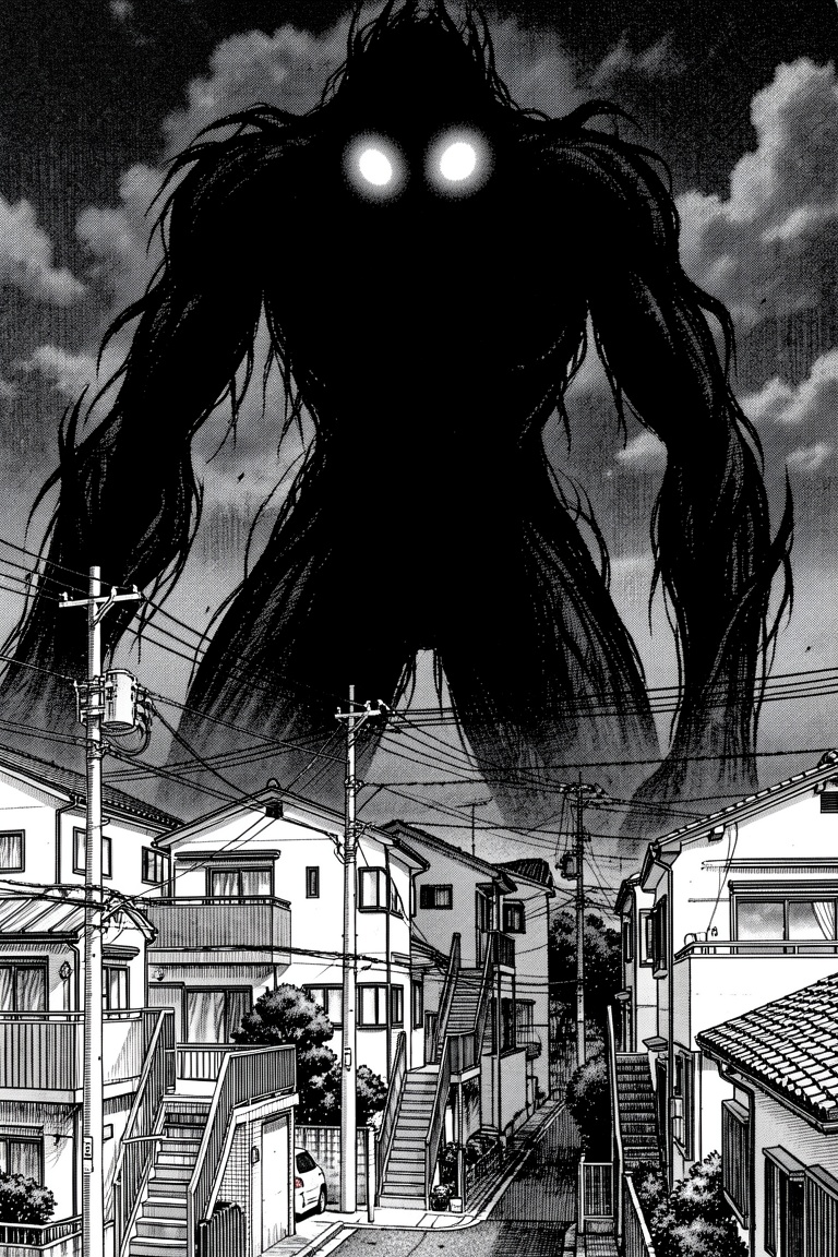 manga style image with a very eerie and unsettling atmosphere. In the foreground,  there is a residential neighborhood wit...