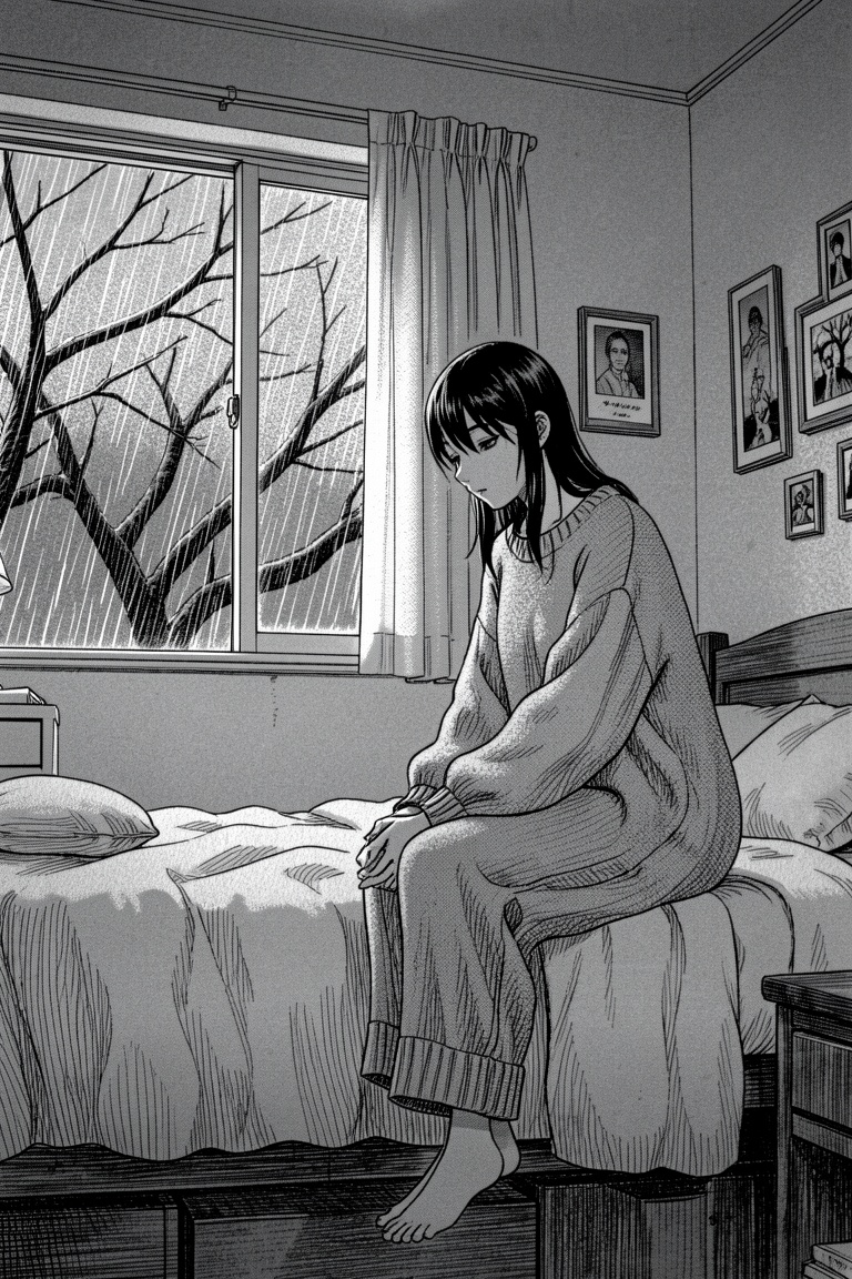 manga style image of a young woman sitting on the edge of her bed,  deep in thought,  with her head slightly bowed and han...