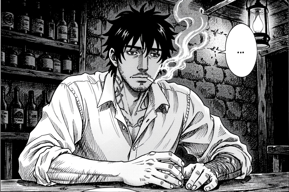 This image is a black-and-white illustration rendered in a gritty,  detailed manga style. It depicts a moody scene set in...