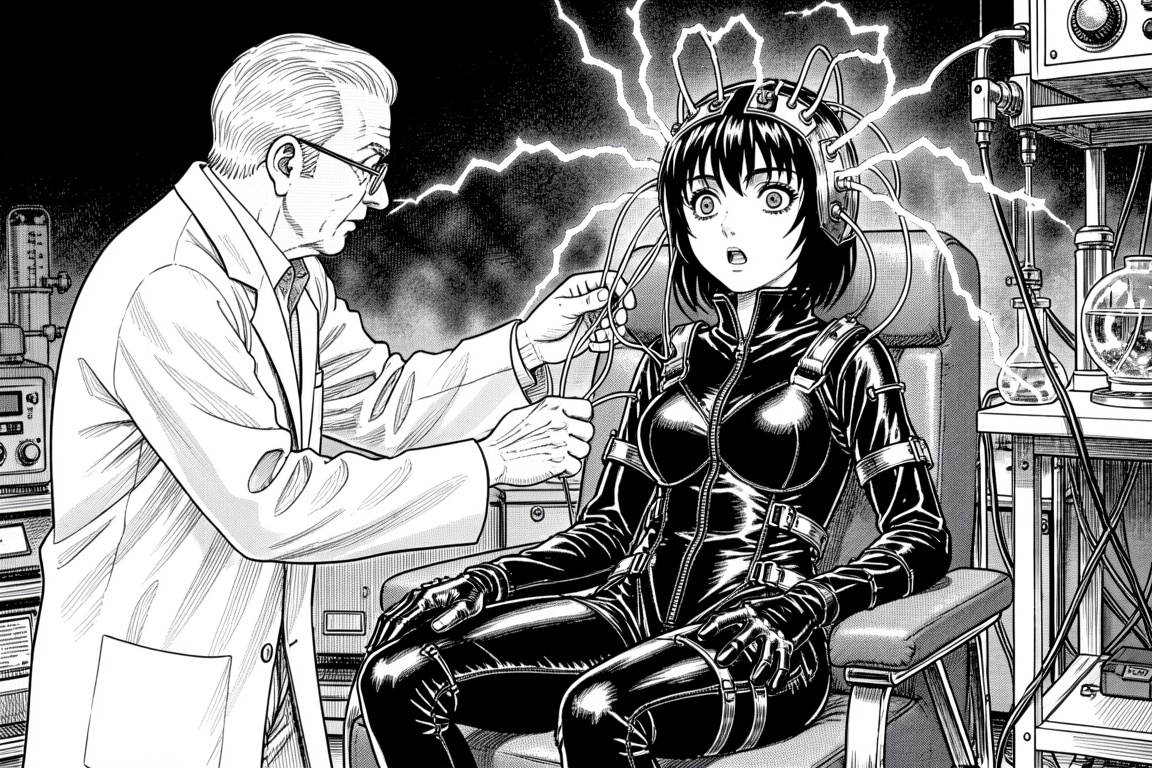 manga style image of a young woman seated in a chair,  wearing a black,  shiny latex and metal outfit with multiple attach...