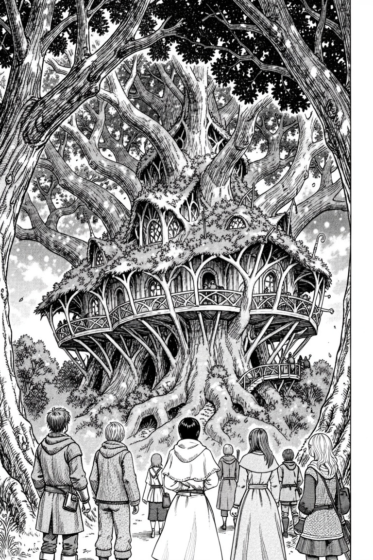 manga style image of a group of characters approaching an intricate and massive treehouse. The structure is built among la...