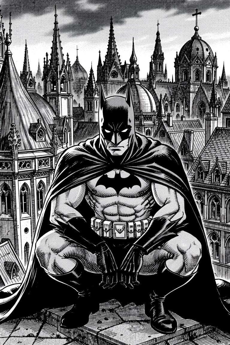 manga style image of Batman crouching vigilantly on a gothic rooftop,  his muscular frame clad in his iconic cowl,  cape o...