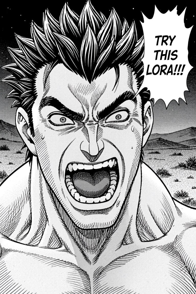 a manga style image of a an intense,  expressive face of a man screaming. The man is muscular with spiky hair,  and has a...