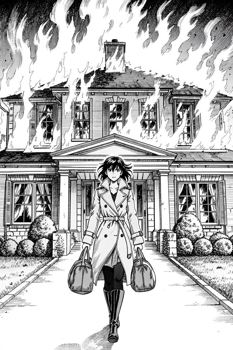 A manga style image of a woman walking forward on a paved path while carrying a large duffel bag in each hand. She wears a...
