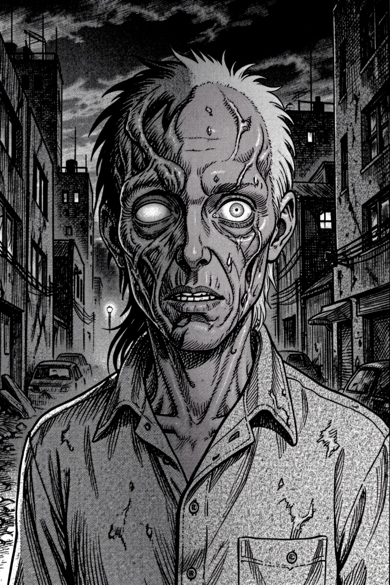 manga style image of a gritty urban landscape. A figure stands in the darkness – a zombie,  half-human. The right side of...