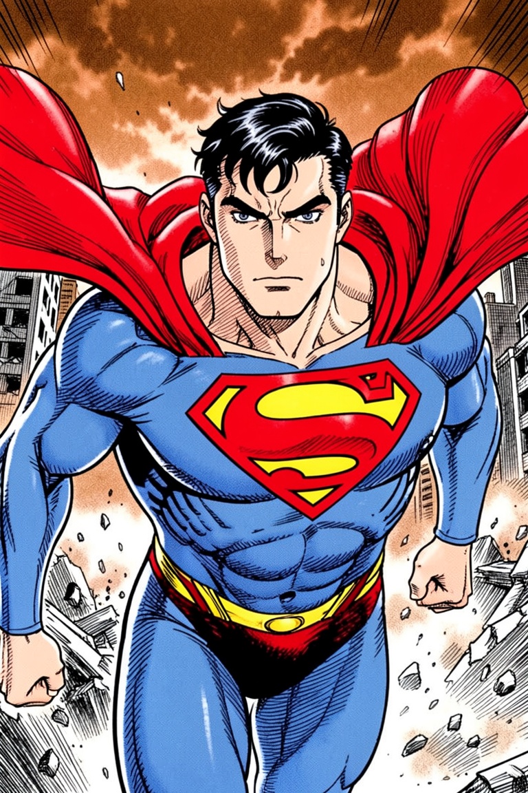 manga style image captures a dynamic,  close-up view of Superman,  the iconic hero on Tensor.Art