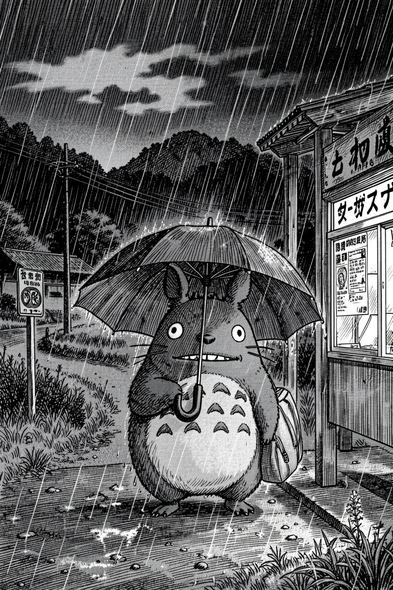manga style image of a creepy Totoro holding an umbrella near a bus station. It's a dark night with an heavy rain,  in the...