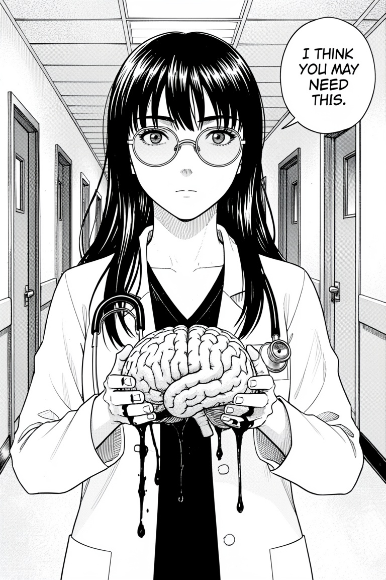A black-and-white manga style panel showing a young woman with long dark hair and bangs,  wearing round-rimmed glasses,  s...