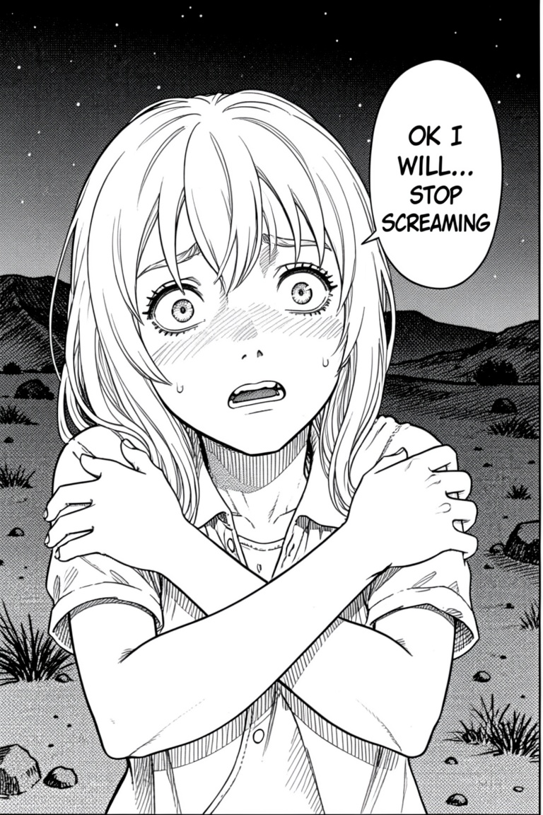 manga style image of a frightened young woman eyes wide with fear,  her armas crossed on her shoulders. The background is...