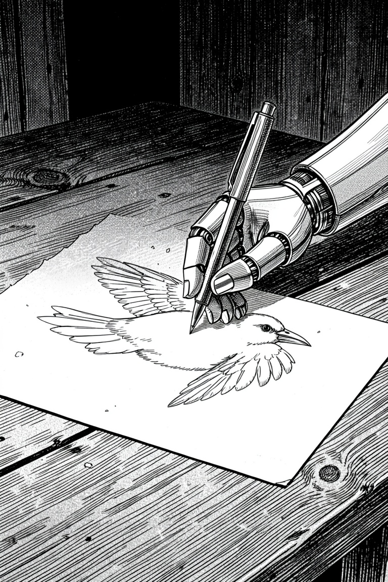 manga style image of a close-up robotic hand drawing a bird on a paper on a wooden table in a dark room. on Tensor.Art