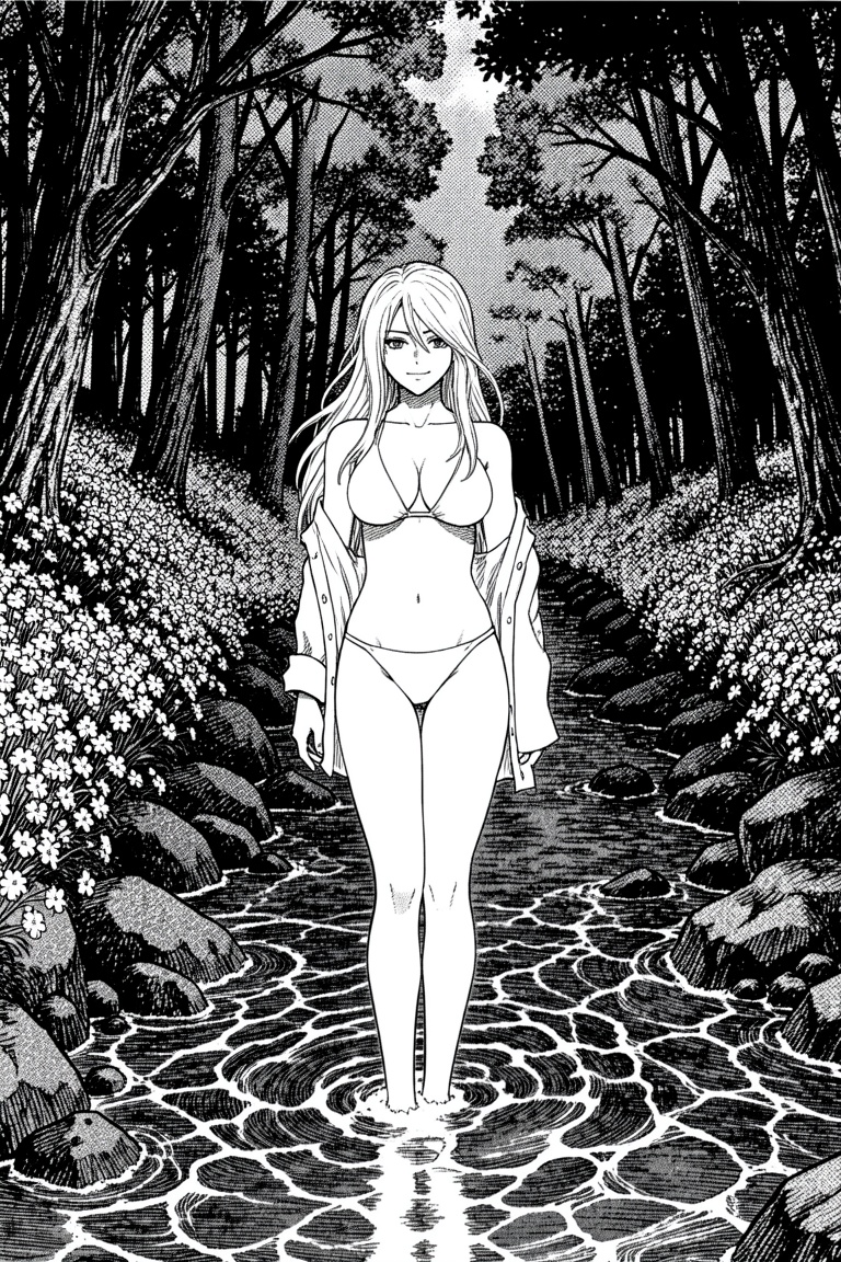 this manga style image depicts a striking woman standing mid-calf in a winding stream within a dense,  shadowed forest. Sh...