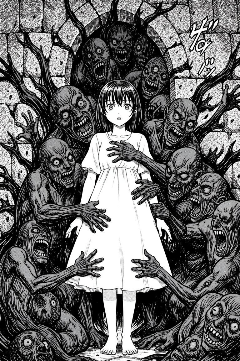 A manga style image of a young woman standing centrally,  looking forward with wide eyes and a slightly open mouth,  as sh...