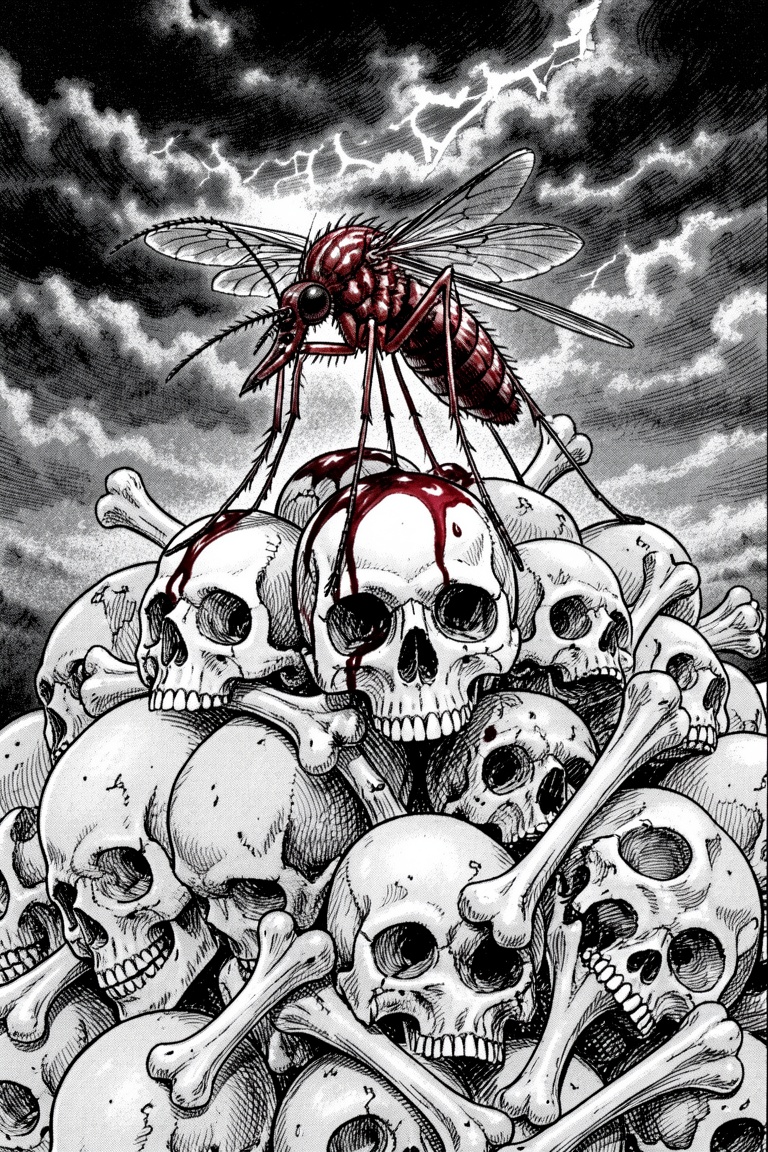 manga style image of a dengue mosquito perched atop a towering pile of human skulls and bones. The mosquito's body glisten...