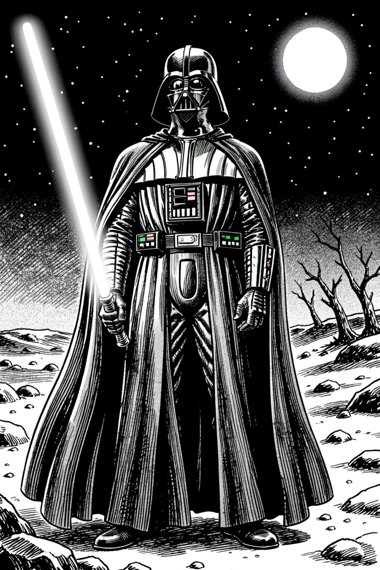 This image is a high-contrast,  black-and-white mange style image of the iconic Star Wars villain,  **Darth Vader**. The s...