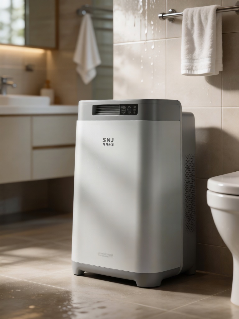 SNJJ, 家用除湿机伫立在卫浴干区,机身防潮设计,浅灰配色简约,卫浴柔光照亮机身磨砂质感与瓷砖墙面,背景是模糊的浴室柜与毛巾架,潮湿卫浴空间保持干爽整洁的居家环境。
