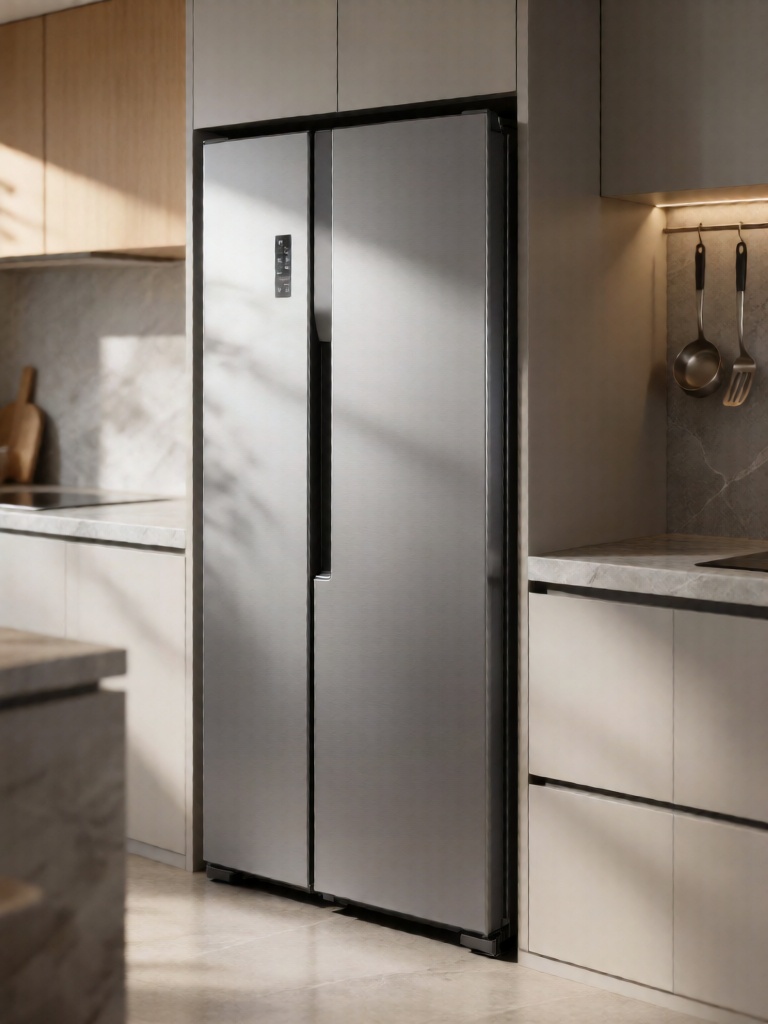 SNJJ, 超薄嵌入式变频冰箱以极简银灰哑光面板嵌入开放式厨房柜体,流畅线条贴合橱柜肌理,左侧暖调自然光斜洒,勾勒出冰箱门板的细腻金属质感与嵌入式无缝设计,模糊背景中是浅灰色岩板台面与悬挂的厨具,简约现代的餐厨空间尽显整洁高级的家居氛围。
