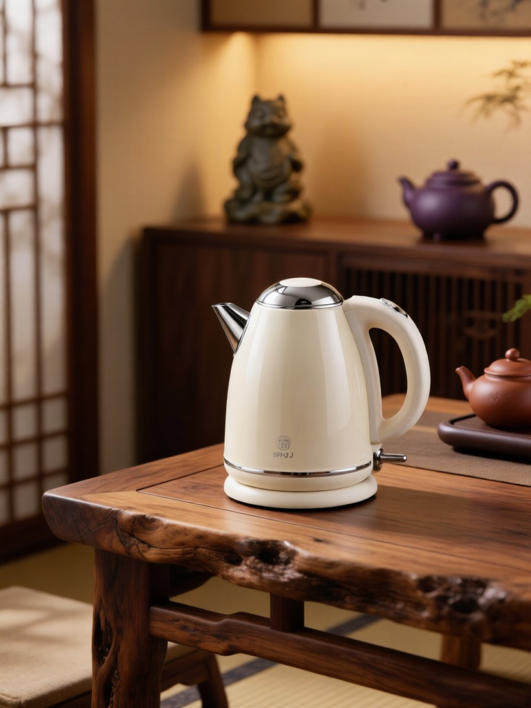 SNJJ, 恒温电热水壶放置在茶室茶桌旁,米白色机身搭配不锈钢壶口,茶室暖光凸显釉面质感与茶桌老榆木纹理,背景是茶宠与紫砂壶,禅意茶室空间兼具实用与中式美学。
