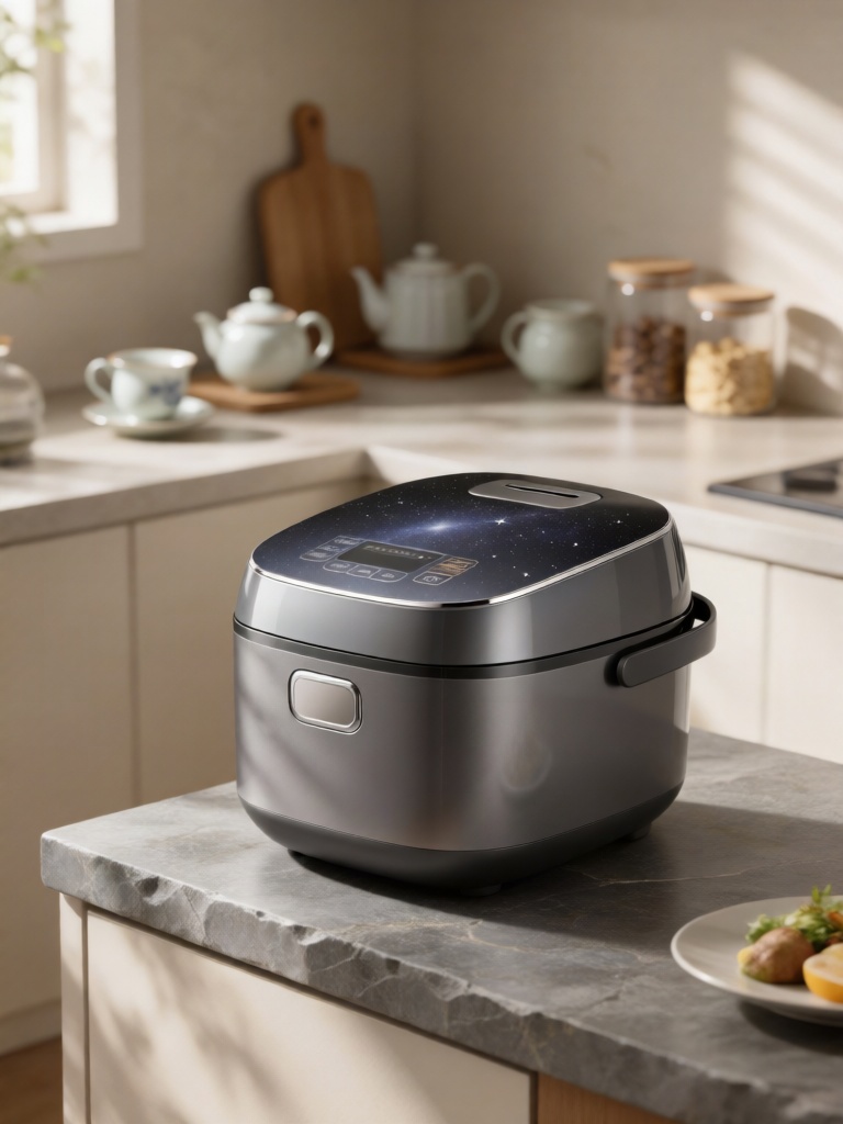 SNJJ, 智能电饭煲放置在厨房餐边柜台面,星空灰机身搭配金属触控面板,自然光落在机身圆润弧度与岩板台面,背景是模糊的茶具与收纳罐,简约餐厨角落解锁便捷的居家烹饪体验。
