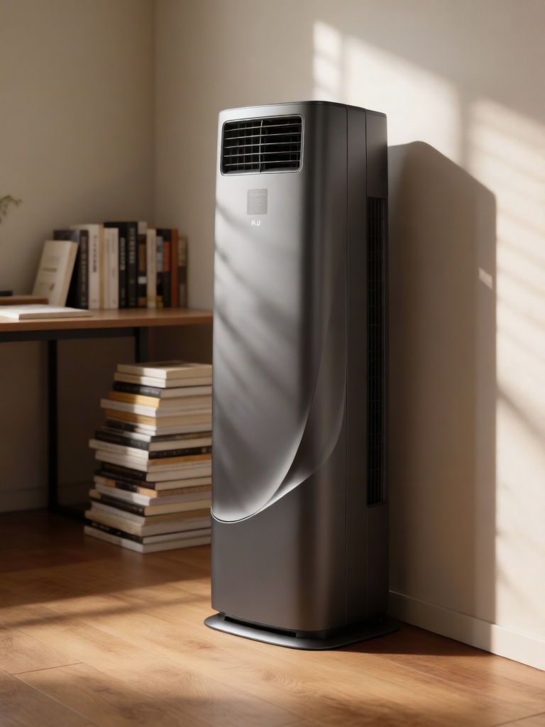 SNJJ, 立式冷暖空调伫立在书房角落,哑光深灰机身搭配流线型设计,侧方自然光形成柔和光影,凸显机身流畅线条与地面实木地板纹理,背景是堆叠的书籍与简约书桌,干练书房场景融合实用与颜值。
