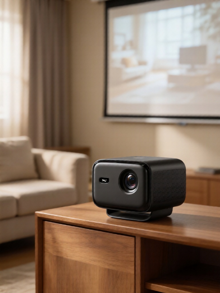 SNJJ, 智能家用投影仪放置在客厅电视柜上,机身小巧方正,哑光黑配色高级,客厅柔光落在机身与木质电视柜,背景是模糊的投影幕布与沙发,休闲客厅场景打造居家影院氛围。
