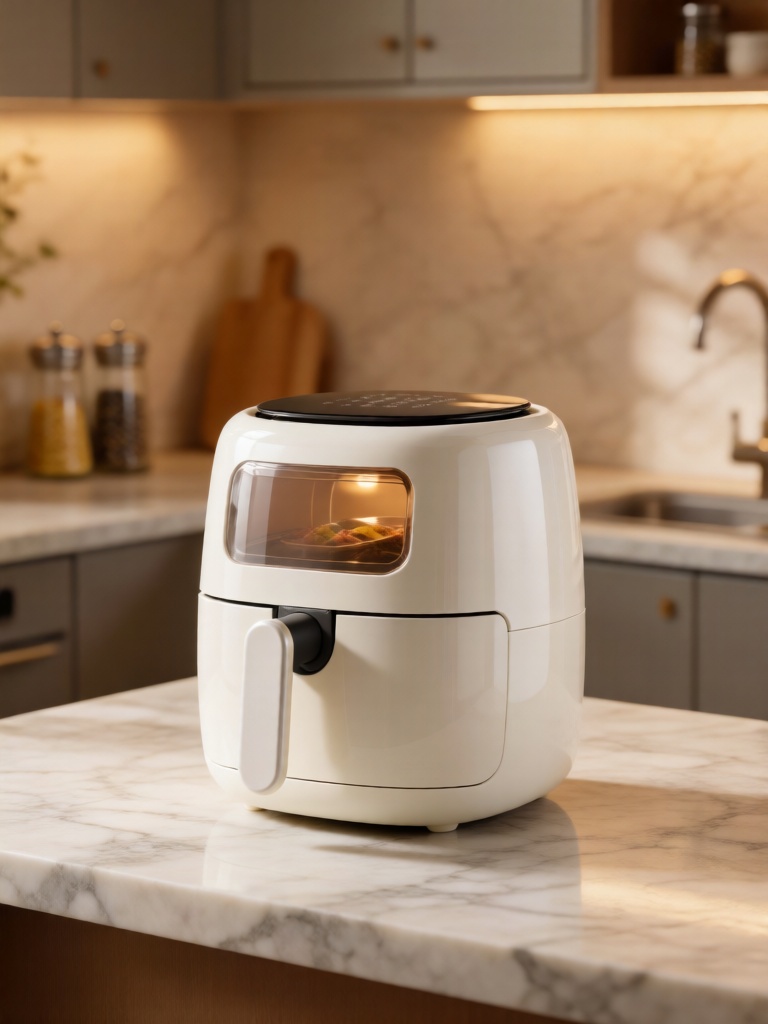 SNJJ, 空气炸锅放置在厨房大理石操作台面,奶白色机身搭配透明可视舱盖,暖调厨房灯光照亮机身圆润轮廓与台面细腻石纹,背景是模糊的橱柜与调味罐,温馨餐厨角落尽显便捷的居家美食氛围。
