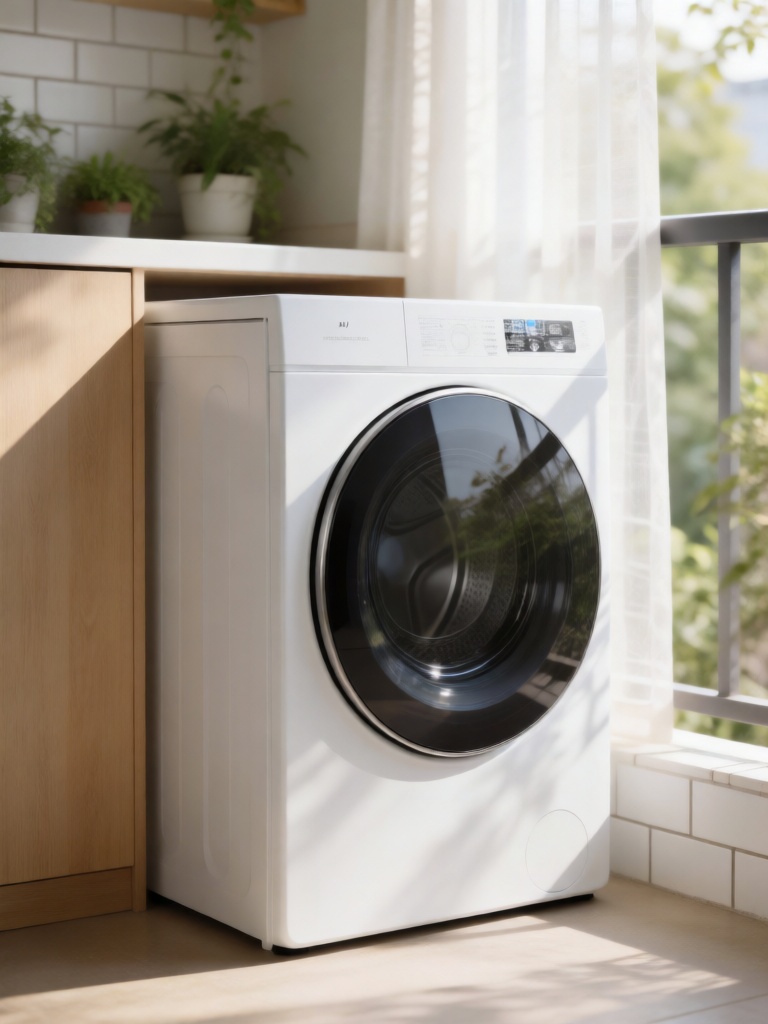SNJJ, 白色滚筒洗烘一体机放置在阳台定制洗衣柜旁,机身线条利落,舱门玻璃通透清亮,午后阳光透过阳台纱帘漫射,照亮机身哑光白釉质感与洗衣柜的浅木纹,背景是模糊的绿植盆栽与白色阳台墙砖,实用温馨的居家洗护场景兼具美感与功能性。

