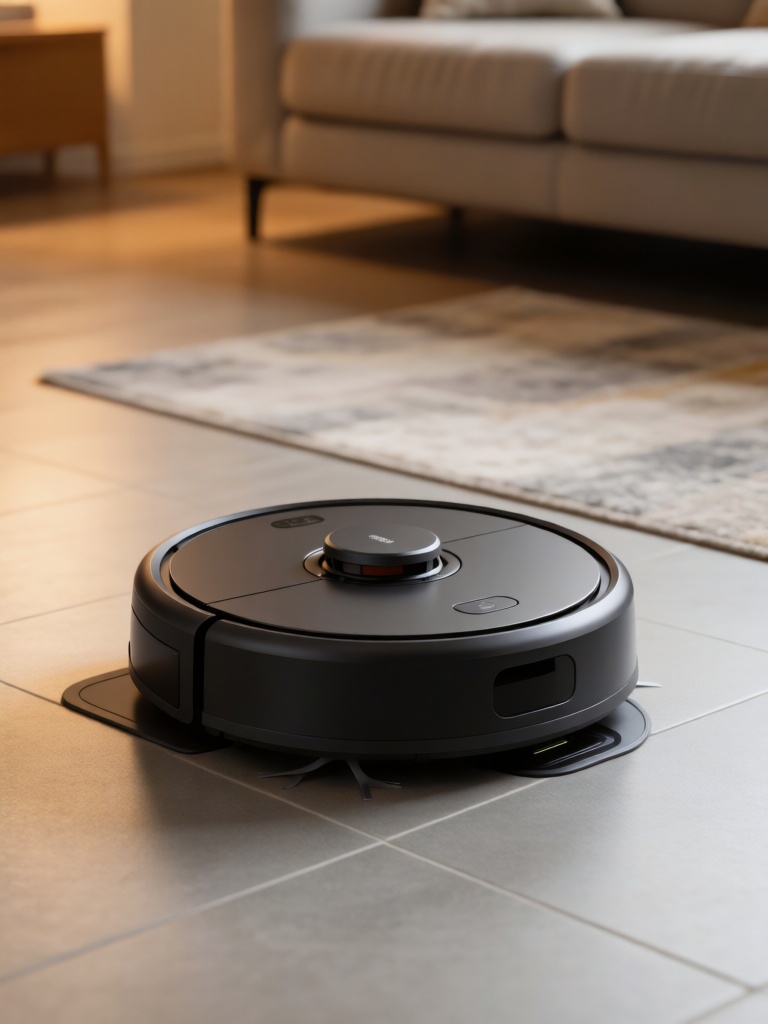 SNJJ, 智能扫地机器人静置在客厅自动回充座上,圆形机身超薄设计,哑光黑配色极简,客厅暖光落在机身与浅灰色地砖上,背景是模糊的沙发脚与地毯,智能居家场景尽显现代便捷生活。

