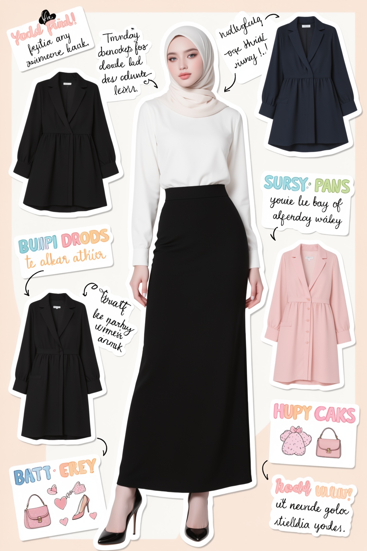 Fashion mood board collage featuring a full body photo of a pale skin beautiful Malaysian fashion model,  she wears hijab,...