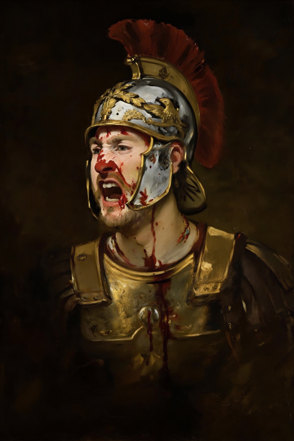 edouardmanet3z25 painting. Chest up close-up of a Roman centurion,  shown in 3/4 view,  his face contorted in a fierce bat...