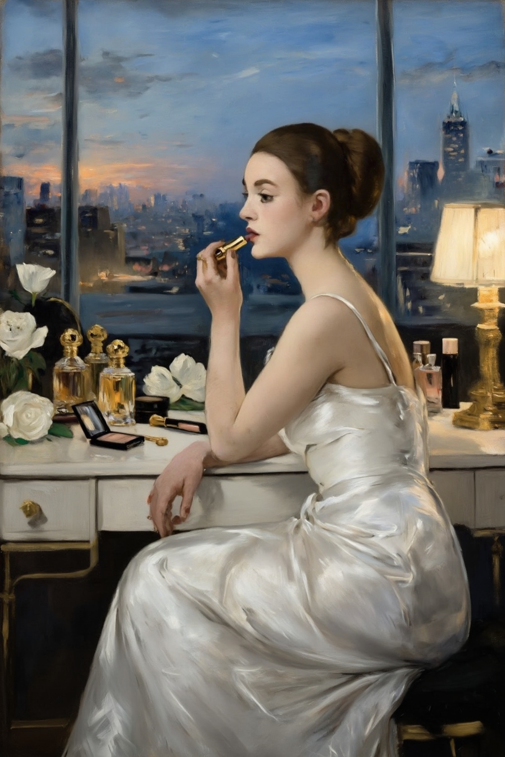 edouardmanet3z25 painting. View for a slightly high-angle. Side-profile medium shot of an elegant young woman with brown h...