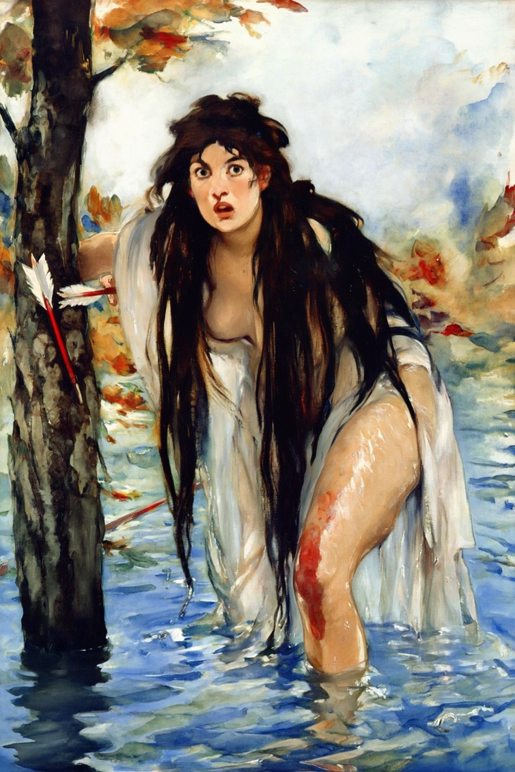 edouardmanet3z20 painting. milomanara. A woman with long,  messy dark hair and is leaning forward,  her body partially sub...