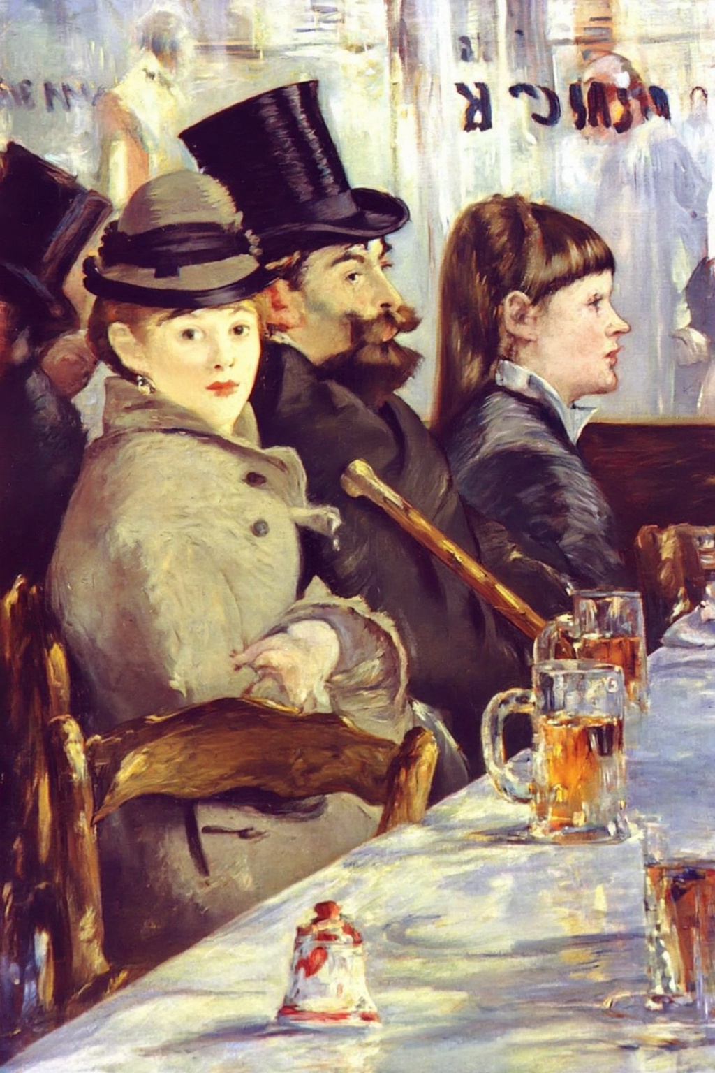 edouardmanet3z20 painting. An indoor cafe scene with three people. A woman,  a man,  and a young woman sit side-by-side at...