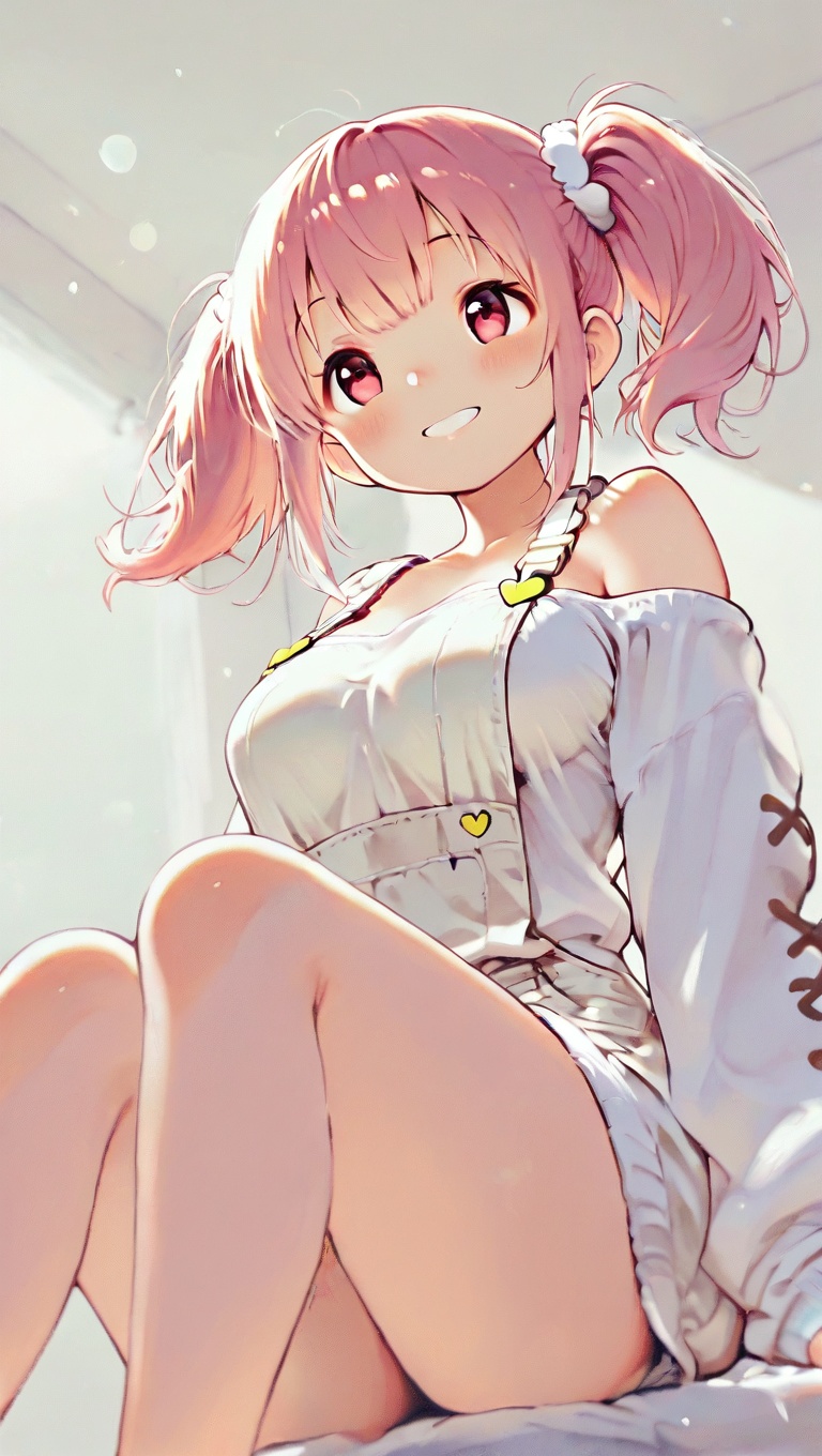 Create a modern,  minimalist scene featuring a cheerful,  sexy girl with a medium bust and pink twin tails. She has a radi...