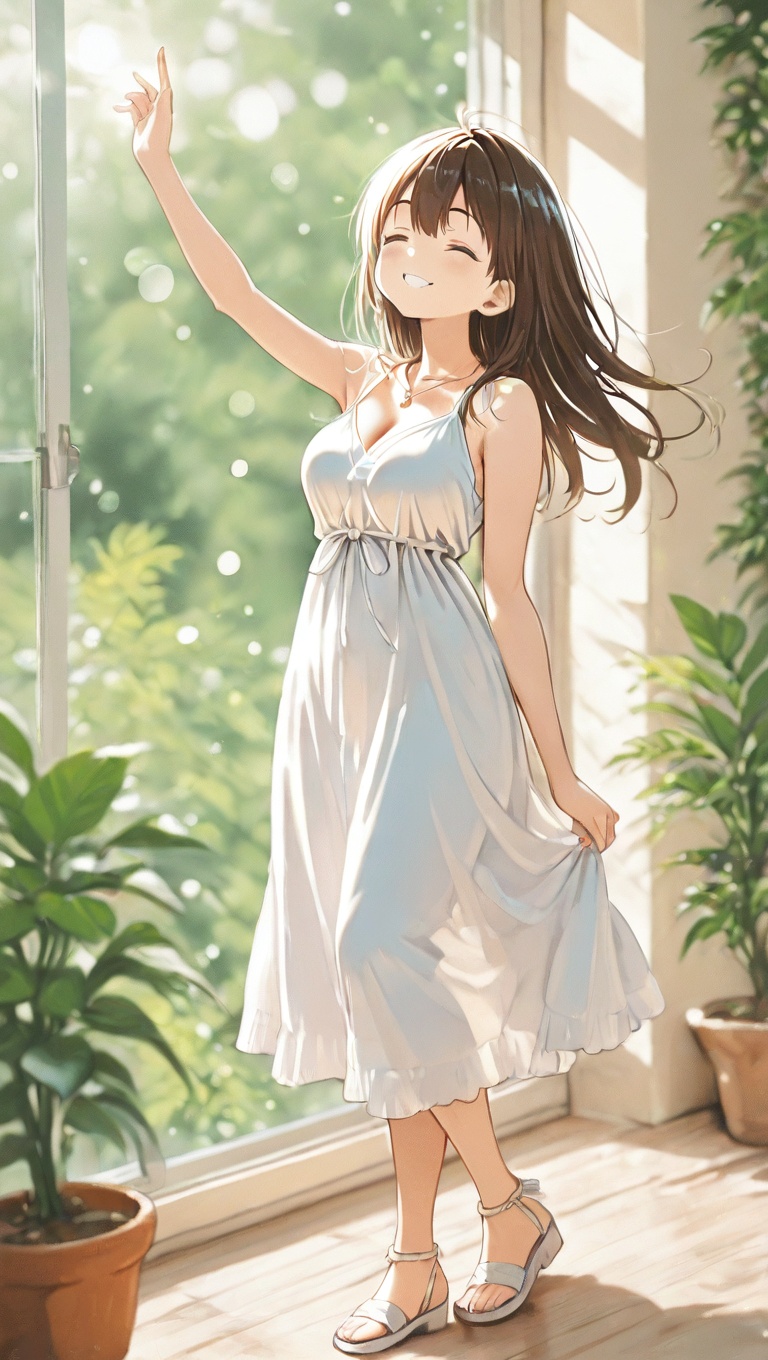 Create a serene and elegant portrait of a young woman in a long white dress standing near a window,  beside a potted plant...