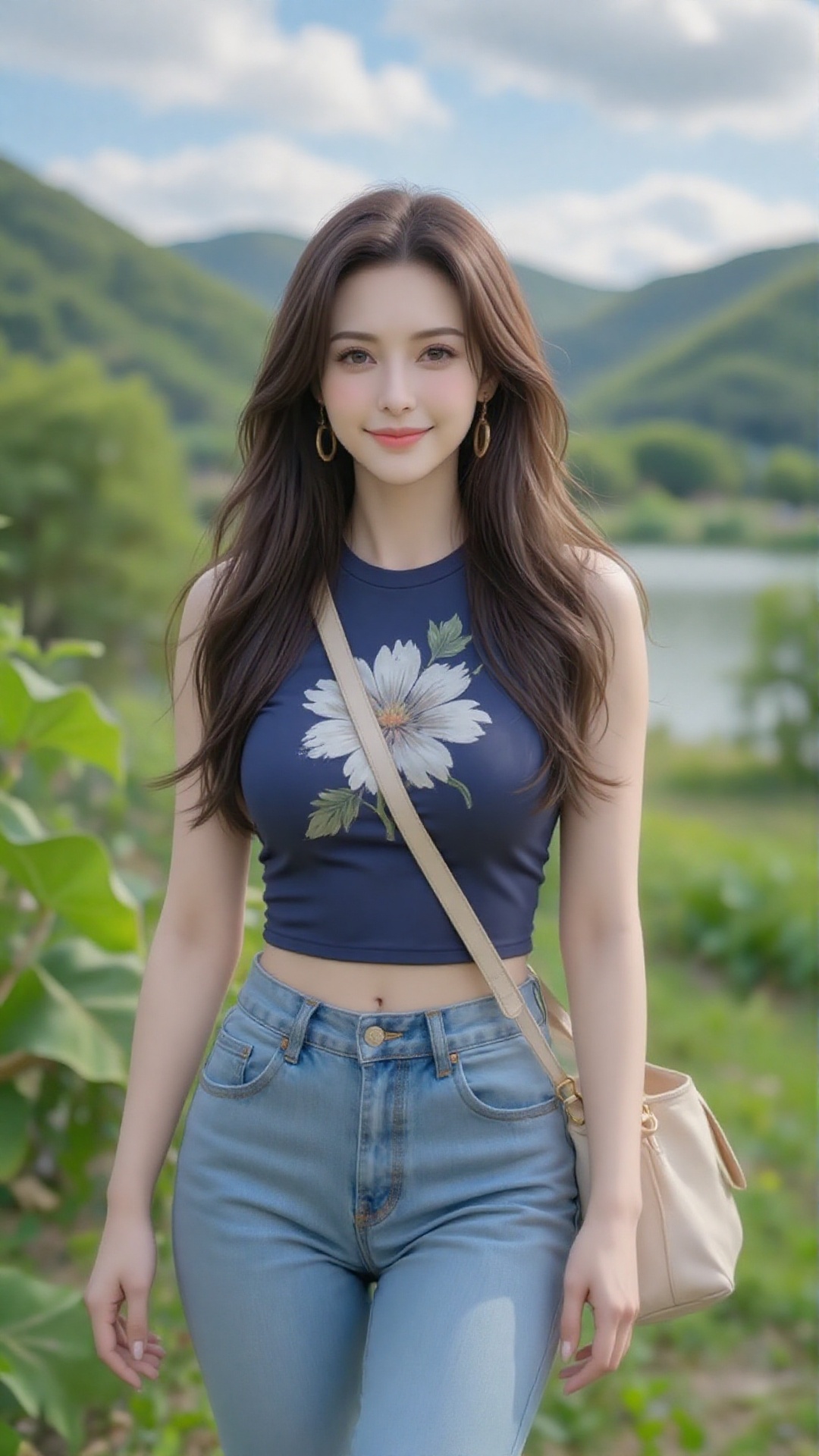 Photograph of an Asian woman with long,  wavy brown hair,  standing outdoors in a lush by Dragon God on Tensor.Art
