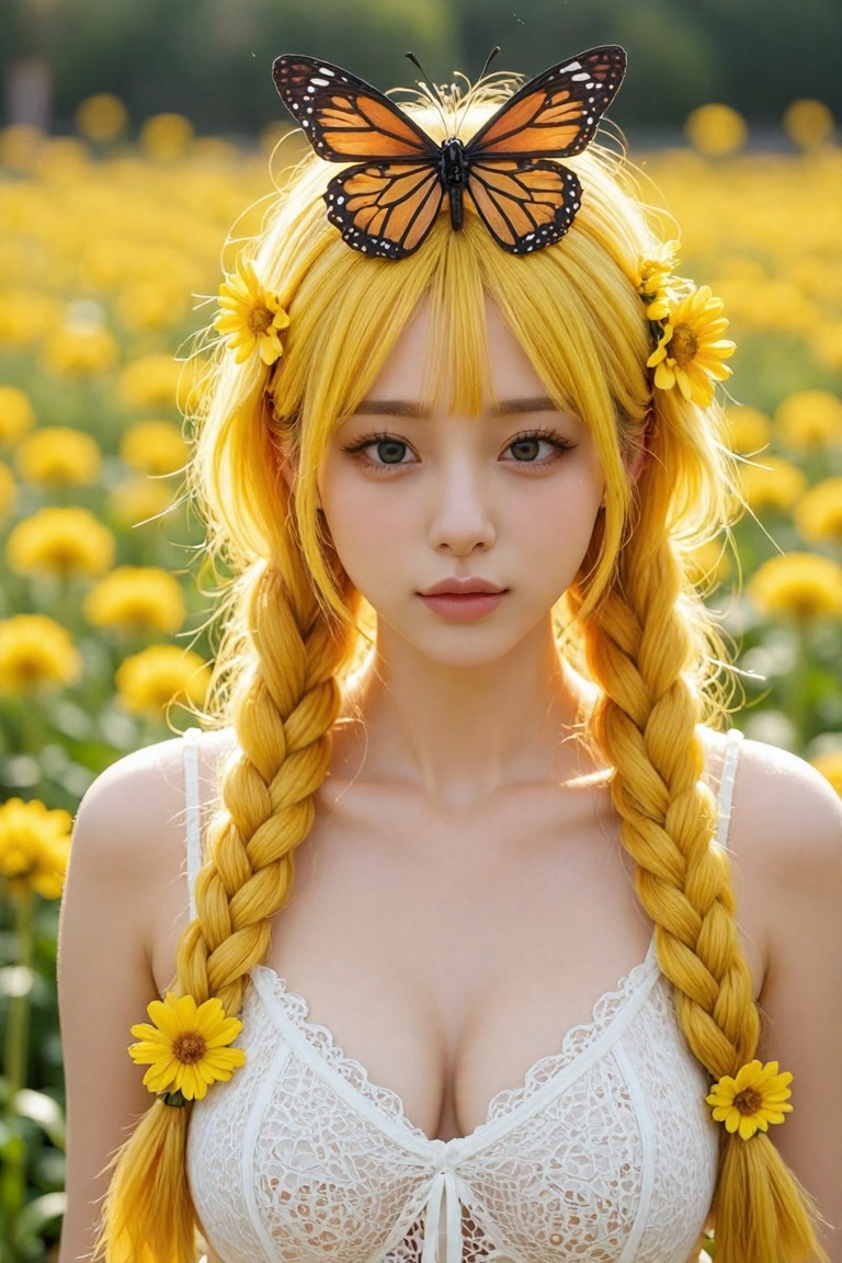 A young woman with long vibrant yellow hair styled in two thick braids,  adorned with fresh yellow flowers and a large mon...