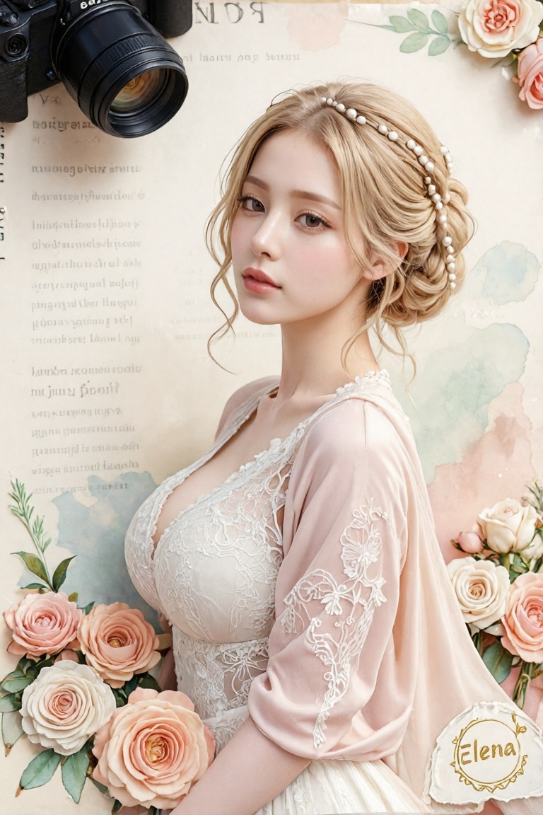 A hyper-realistic,  ultra-high-resolution portrait of an ultra-HD illustration of a romantic vintage woman with blonde hai...