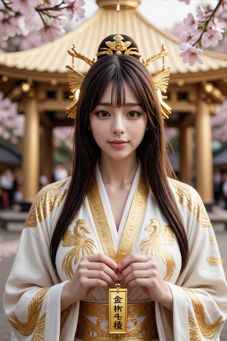 Wearing a white golden kimono,  the phoenix texture on the body turns into a golden crane texture,  Japanese gold exquisit...