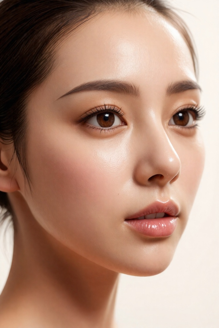 A young woman in tight close-up,  face turned slightly to the side,  looking softly toward the camera. Her skin has a natu...