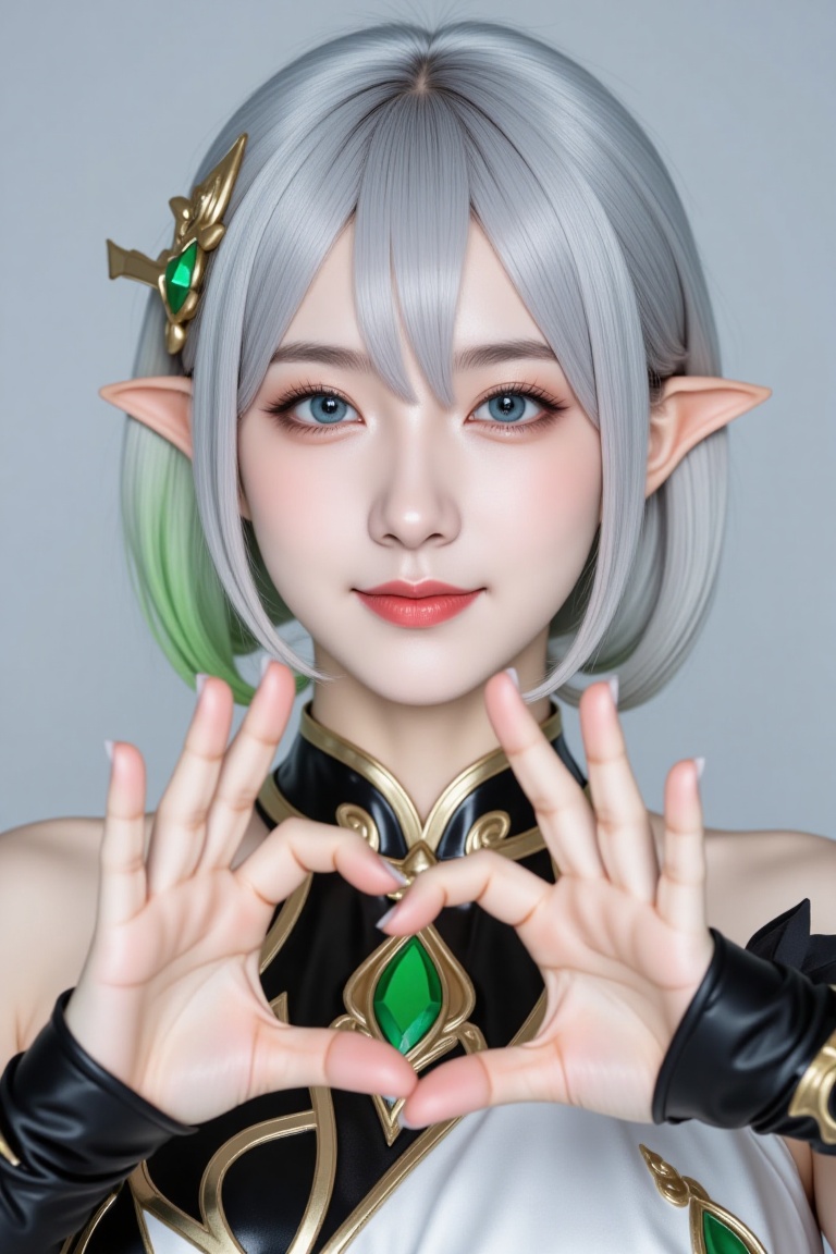 Ultra detailed cosplay portrait of a cute anime girl inspired by Nahida from Genshin Impact,  short silver-white hair with...