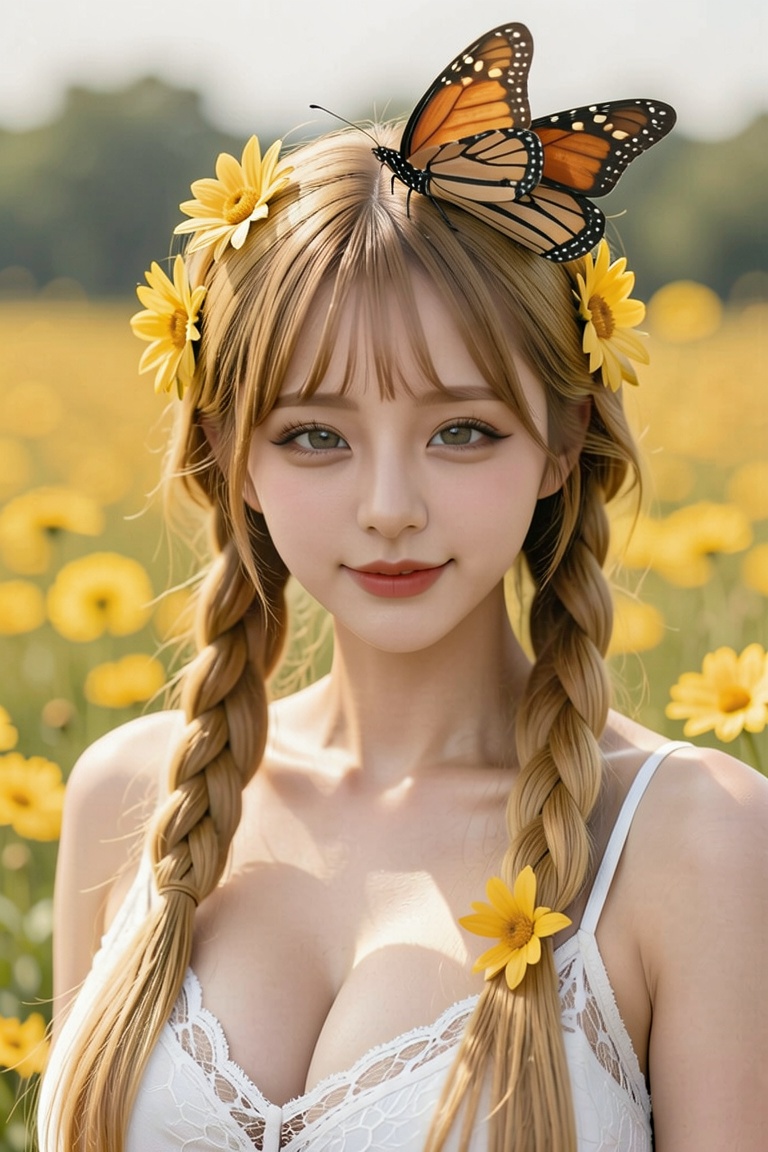 A young woman with long vibrant yellow hair styled in two thick braids,  adorned with fresh yellow flowers and a large mon...