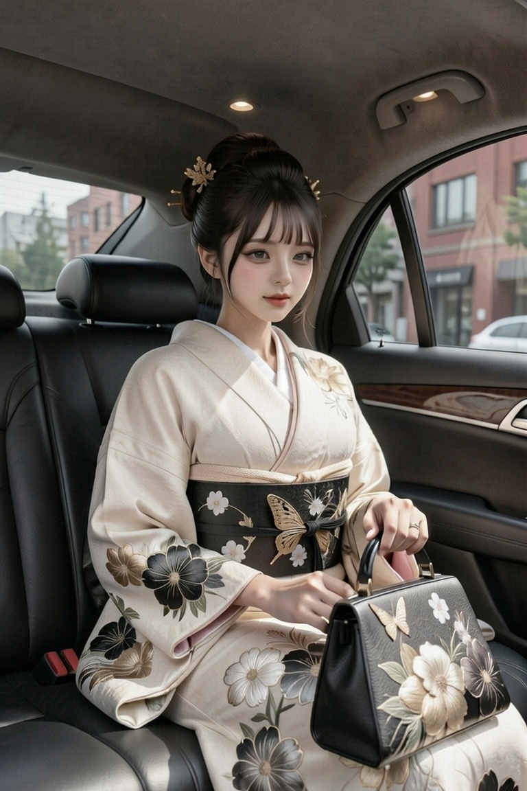 A young woman is sitting in the back seat of a limousine,  wearing an exquisite and gorgeous kimono. The kimono has an off...