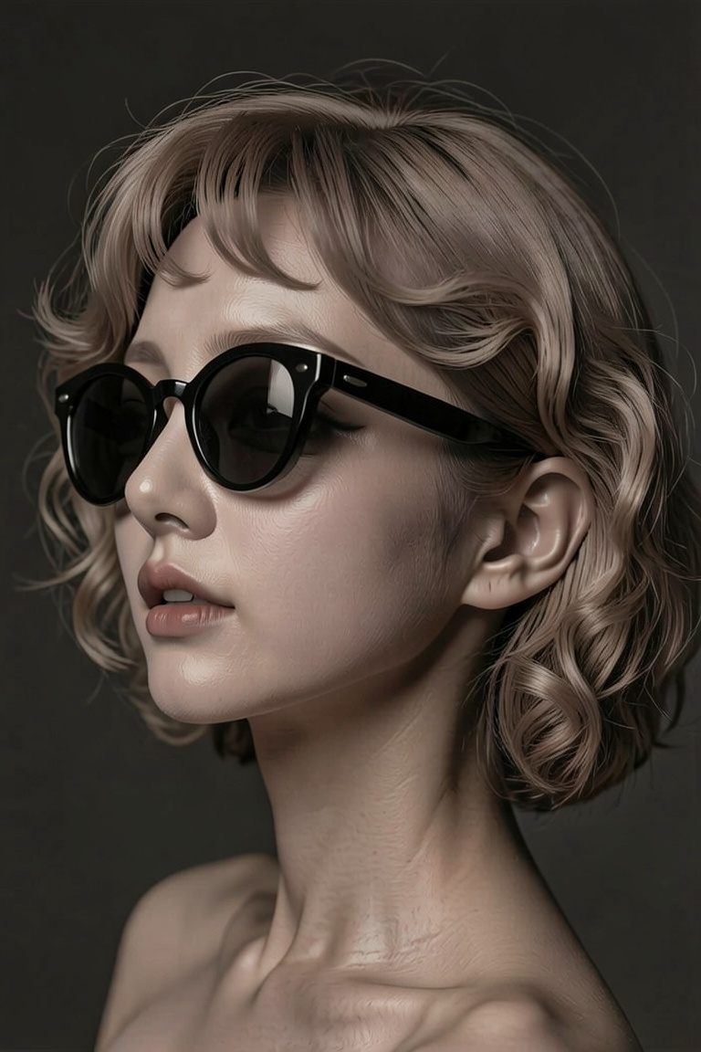 (((Iconic illustration 1950s age style but extremely beautiful))) (((blonde curly hair shot with sunglasses))) (((Chiarosc...